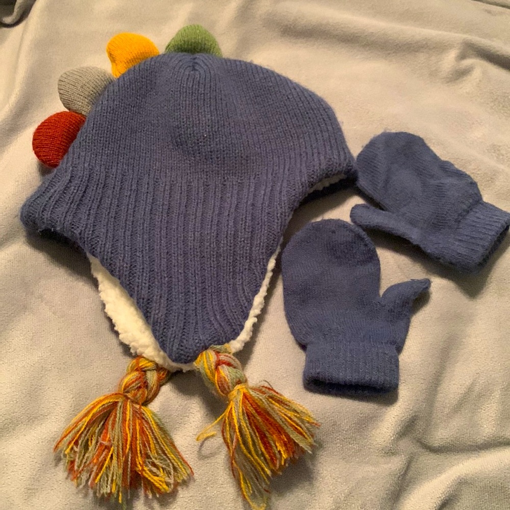 Capelli Marled Toddler Dinosaur Trapper Hat w/ Mittens- Blue 12-24